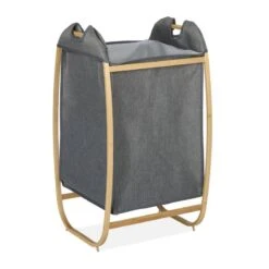 Panier à Linge Gris Avec Cadre En Bambou