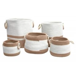 5 Paniers Marron Blanc Poignées Bois