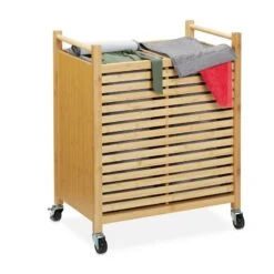 Panier à Linge En Bambou Sur Roulettes